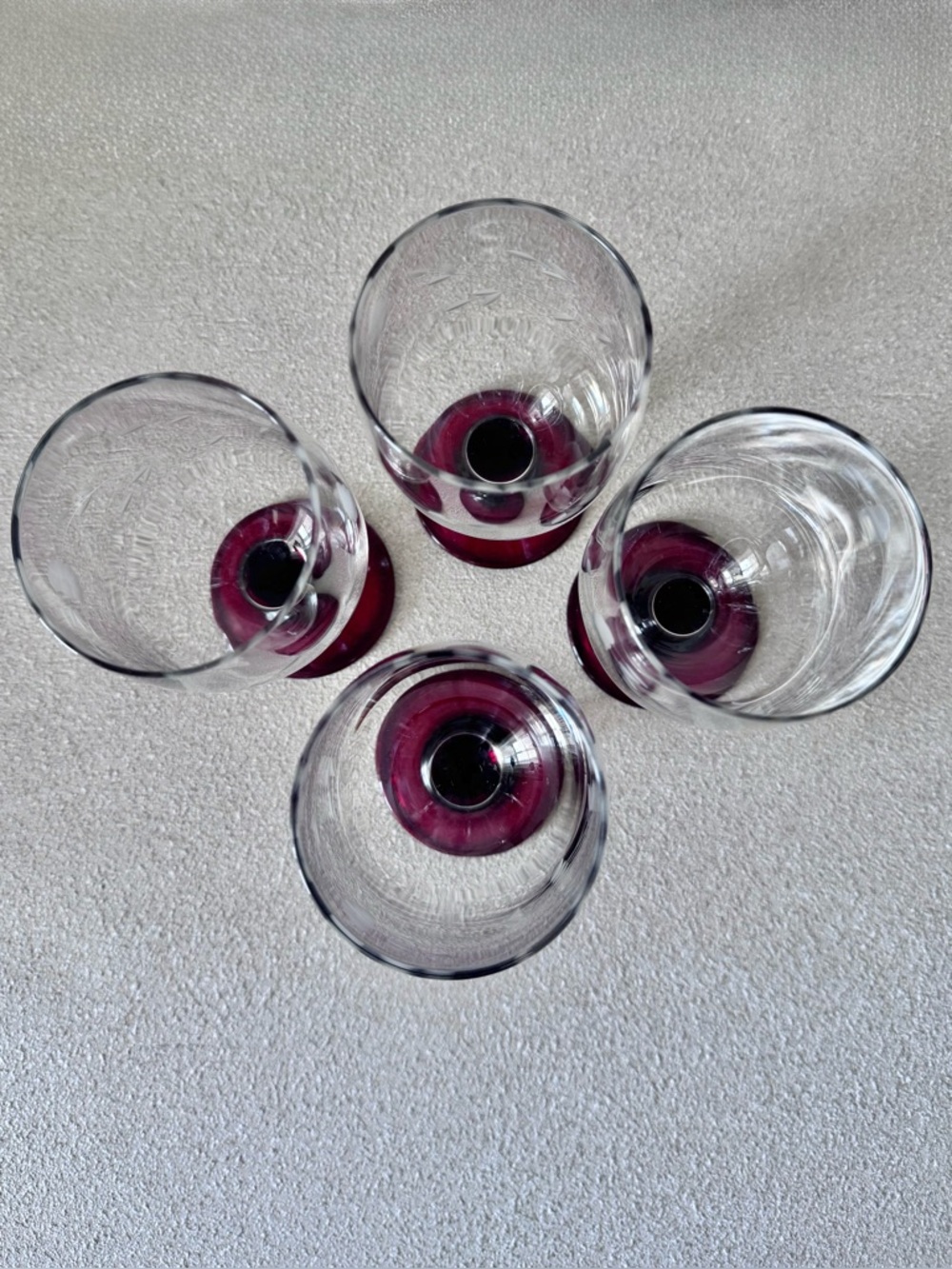 Set of 4 Maroon/Red Stem Iced Tea GOBLETS Princess House Heritage Etched Crystal - Picture 4 of 7